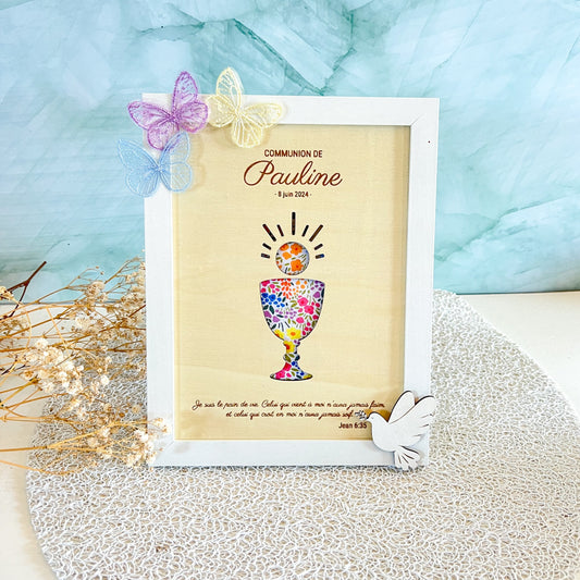 Cadre personnalisé bois et tissu – Communion ou Baptême