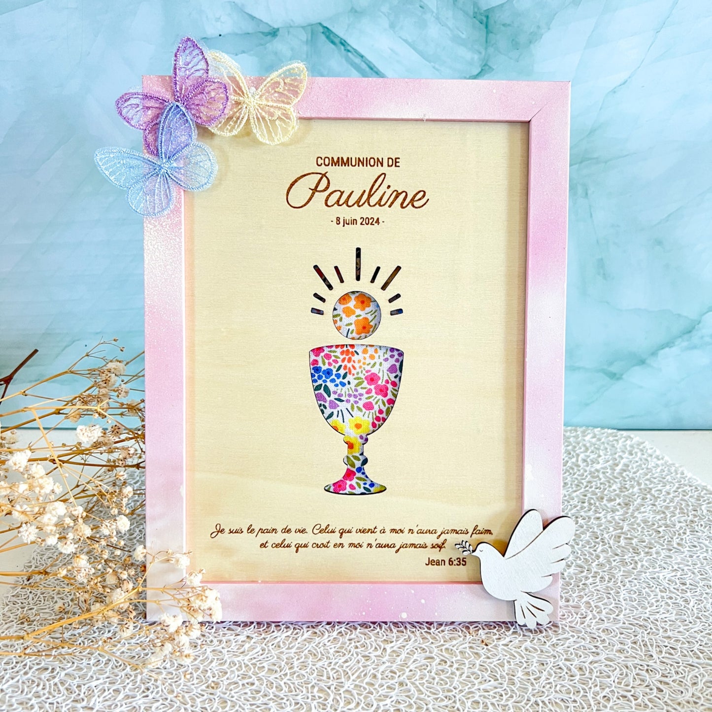 Cadre personnalisé bois et tissu – Communion ou Baptême