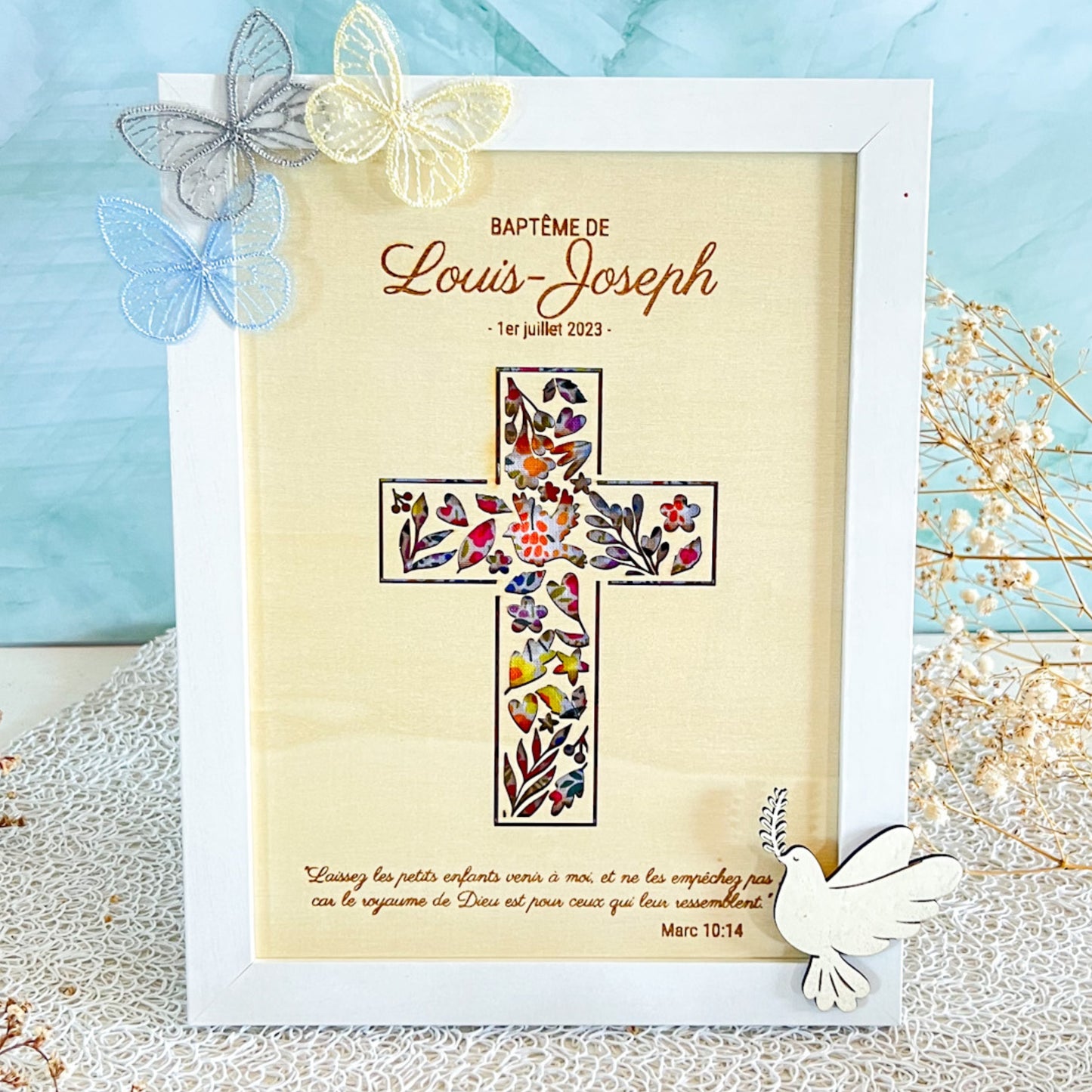 Cadre personnalisé bois et tissu – Communion ou Baptême