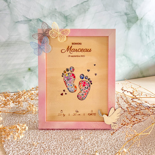 Cadre personnalisé bois et tissu – Naissance