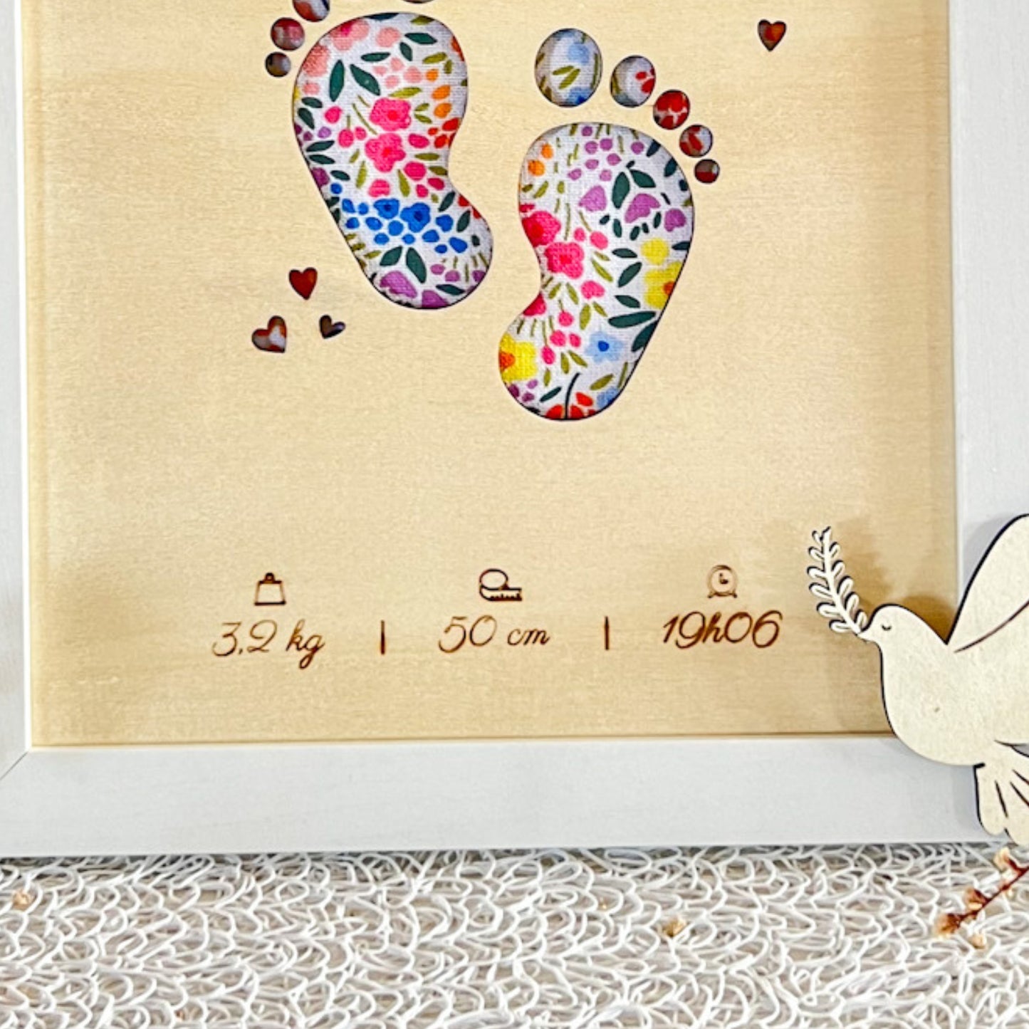 Cadre personnalisé bois et tissu – Naissance