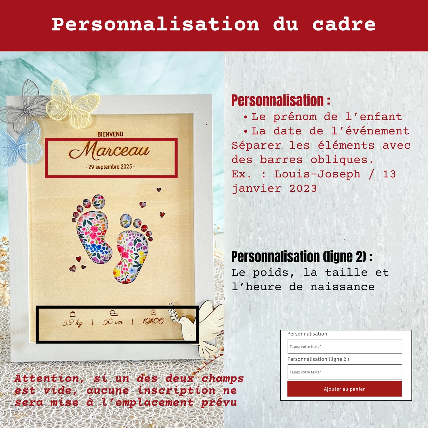Cadre personnalisé bois et tissu – Naissance
