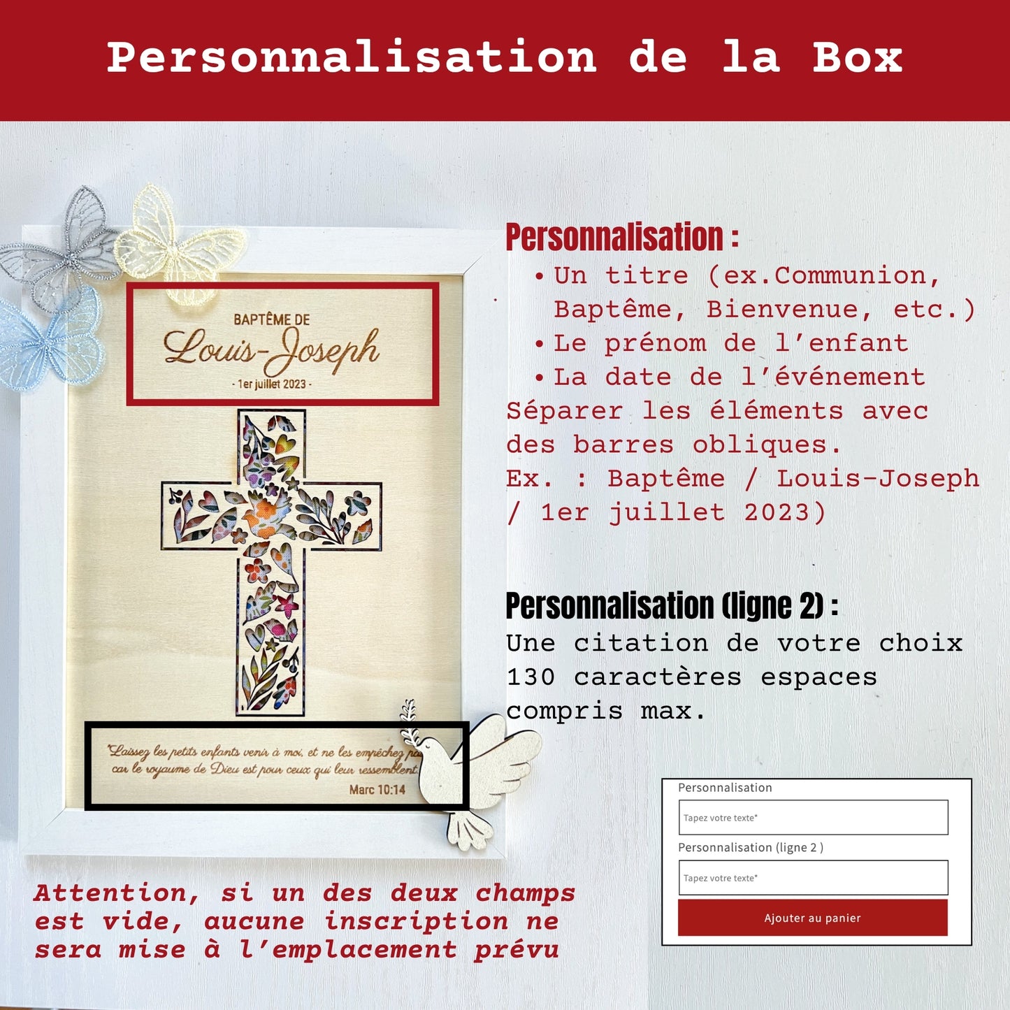 Cadre personnalisé bois et tissu – Communion ou Baptême