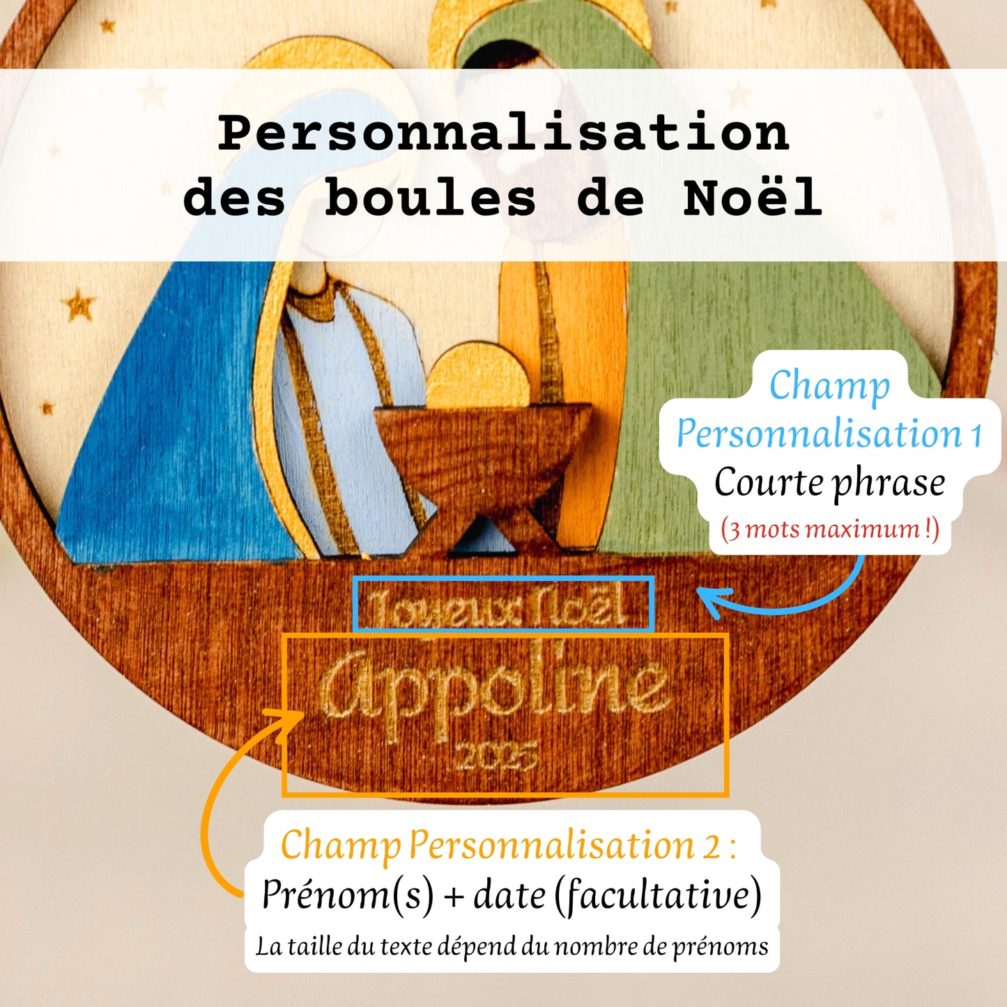 Boule de Noël en bois – Crèche personnalisée