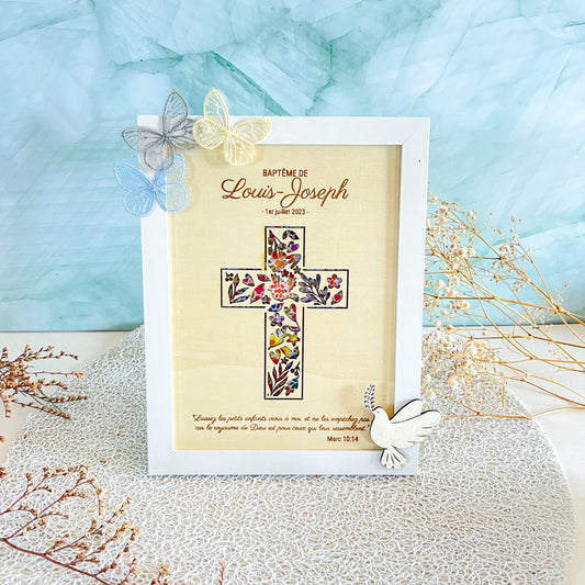 Cadre personnalisé bois et tissu – Communion ou Baptême