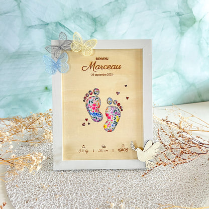 Cadre personnalisé bois et tissu – Naissance