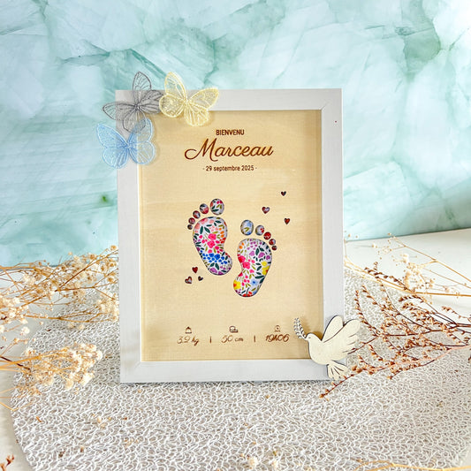 Cadre personnalisé bois et tissu – Naissance