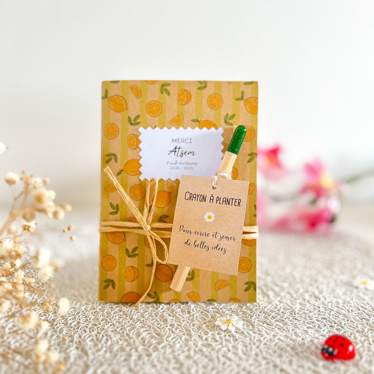 Carnet A6 "Merci" personnalisé + crayon à planter