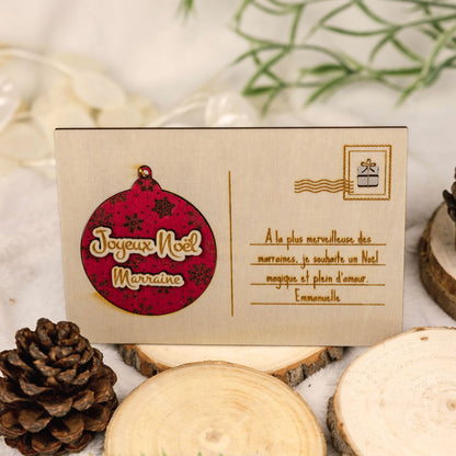 Carte postale en bois personnalisée avec boule de Noël détachable