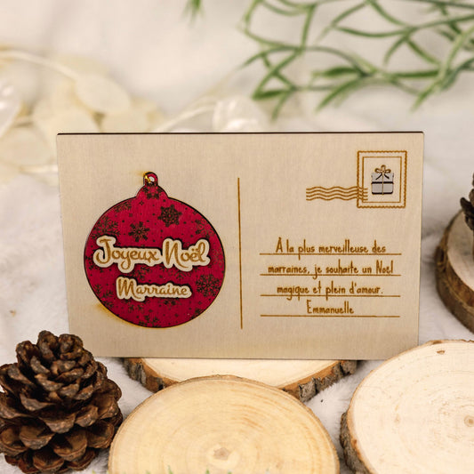 Carte postale en bois personnalisée avec boule de Noël détachable