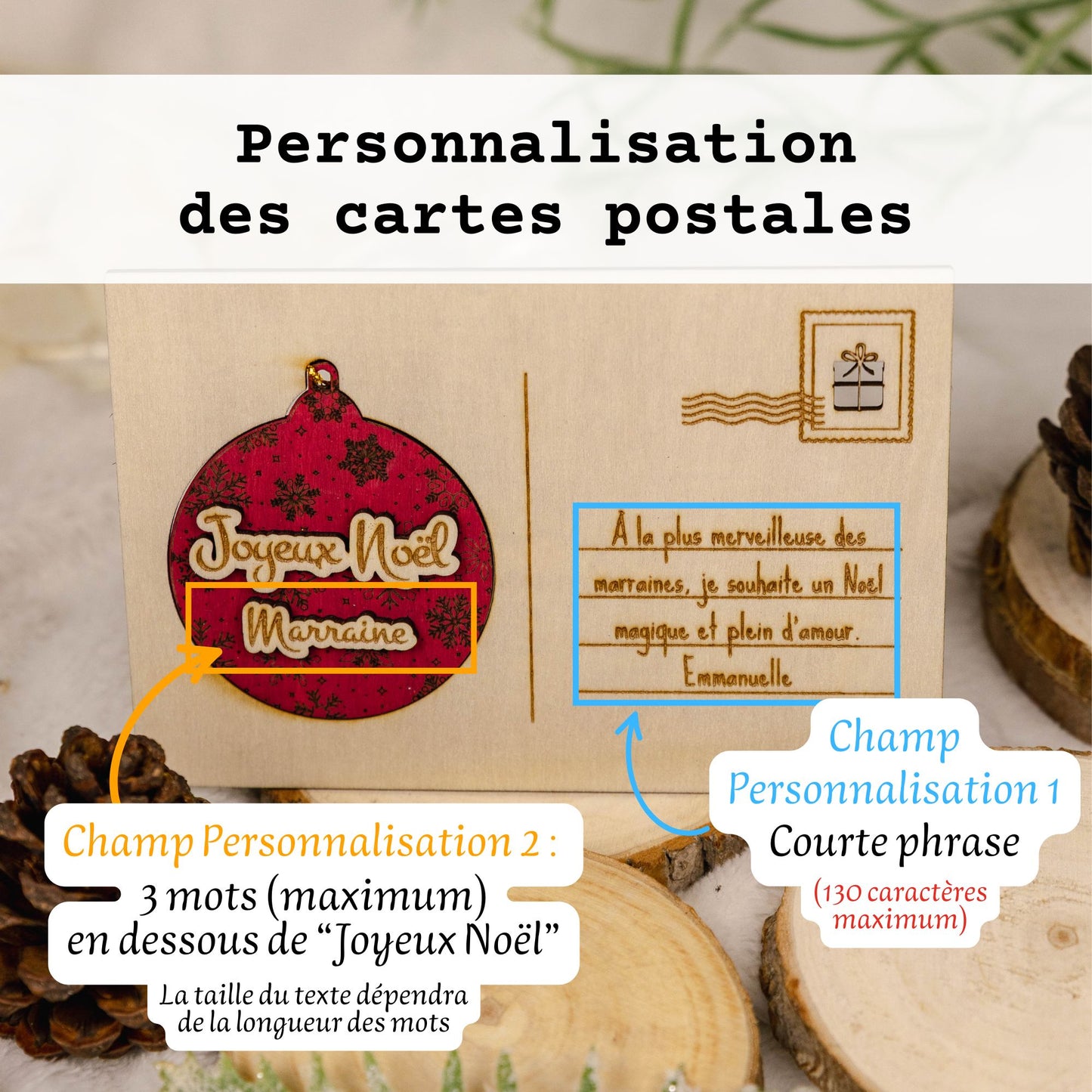 Carte postale en bois personnalisée avec boule de Noël détachable